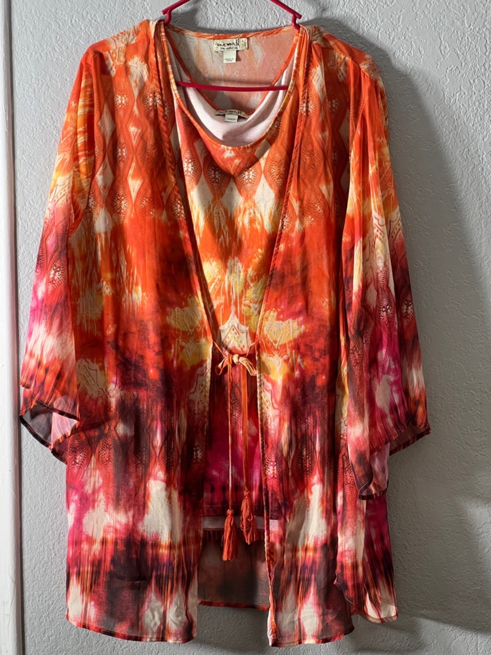 ONE WORLD Orange and Pink Tie-Dye Top and Cardigan Set Size L.
